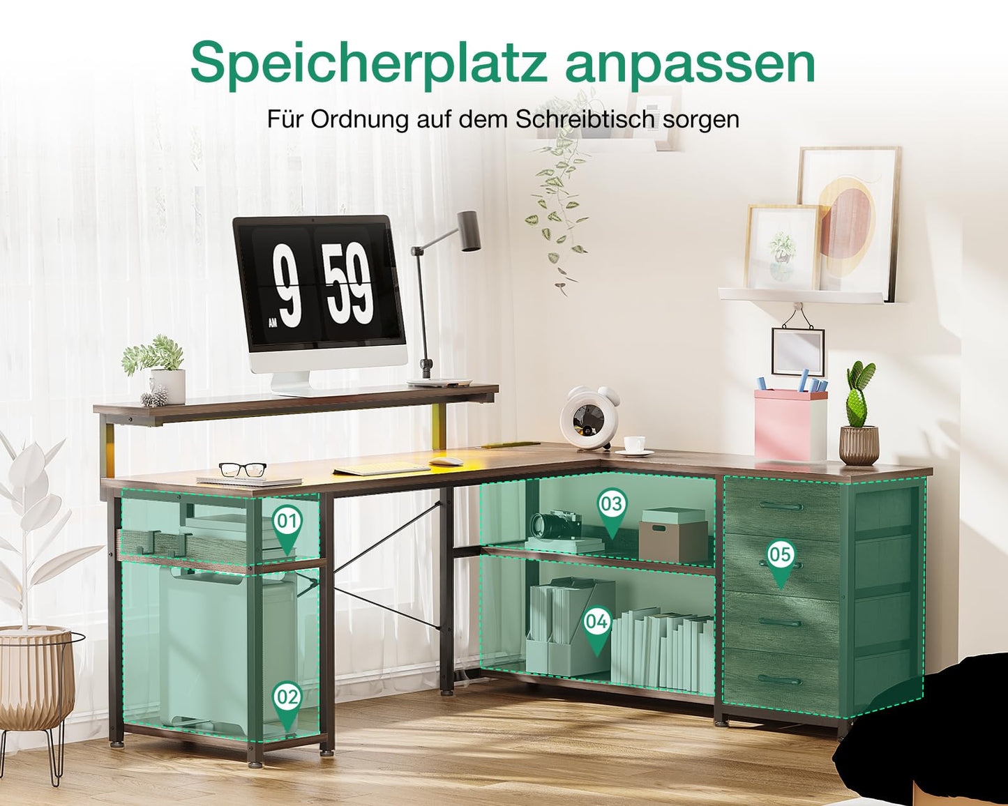 Birou ODK L-Shaped Desk 135x110cm LED prize si sertare gri