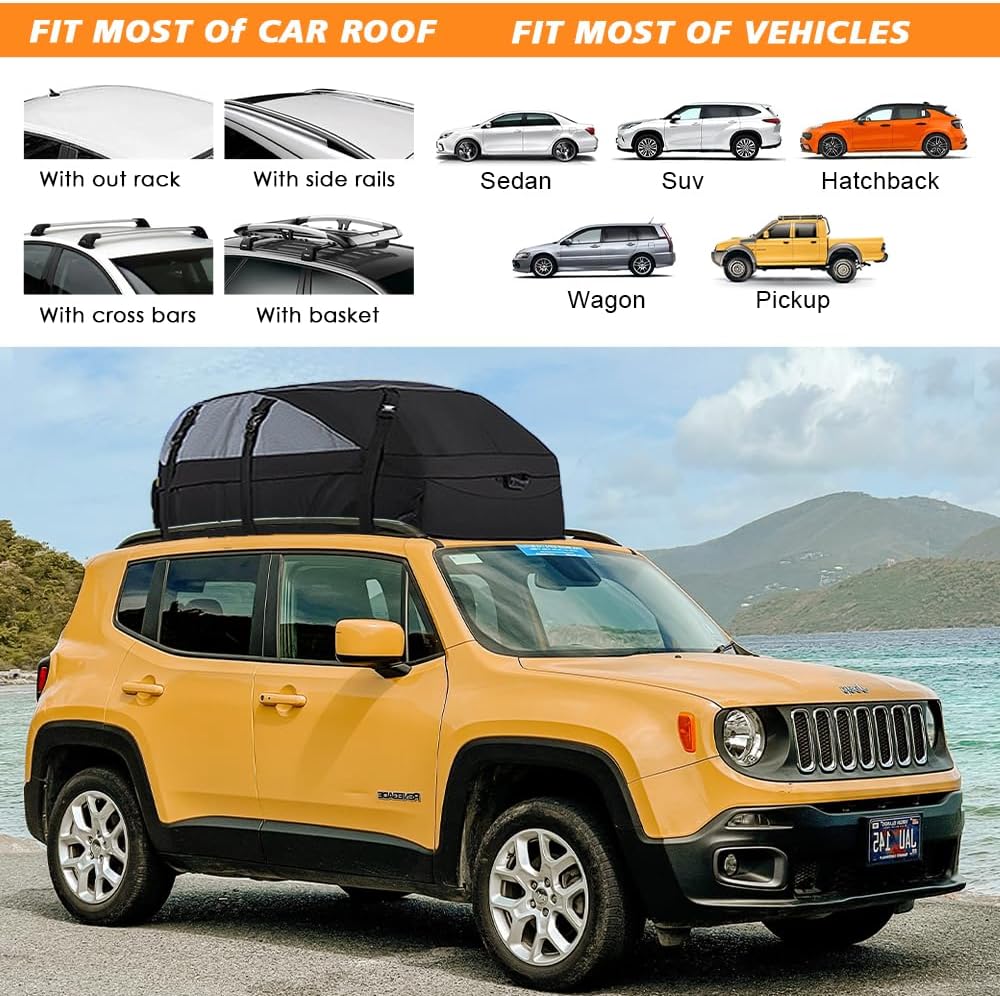 Ranikeer 21 Cubic Feet Foldable Waterproof Roof Box Bag with 6 Reinforcement Buckles for Vehicles with/without Pannier Rack, Black