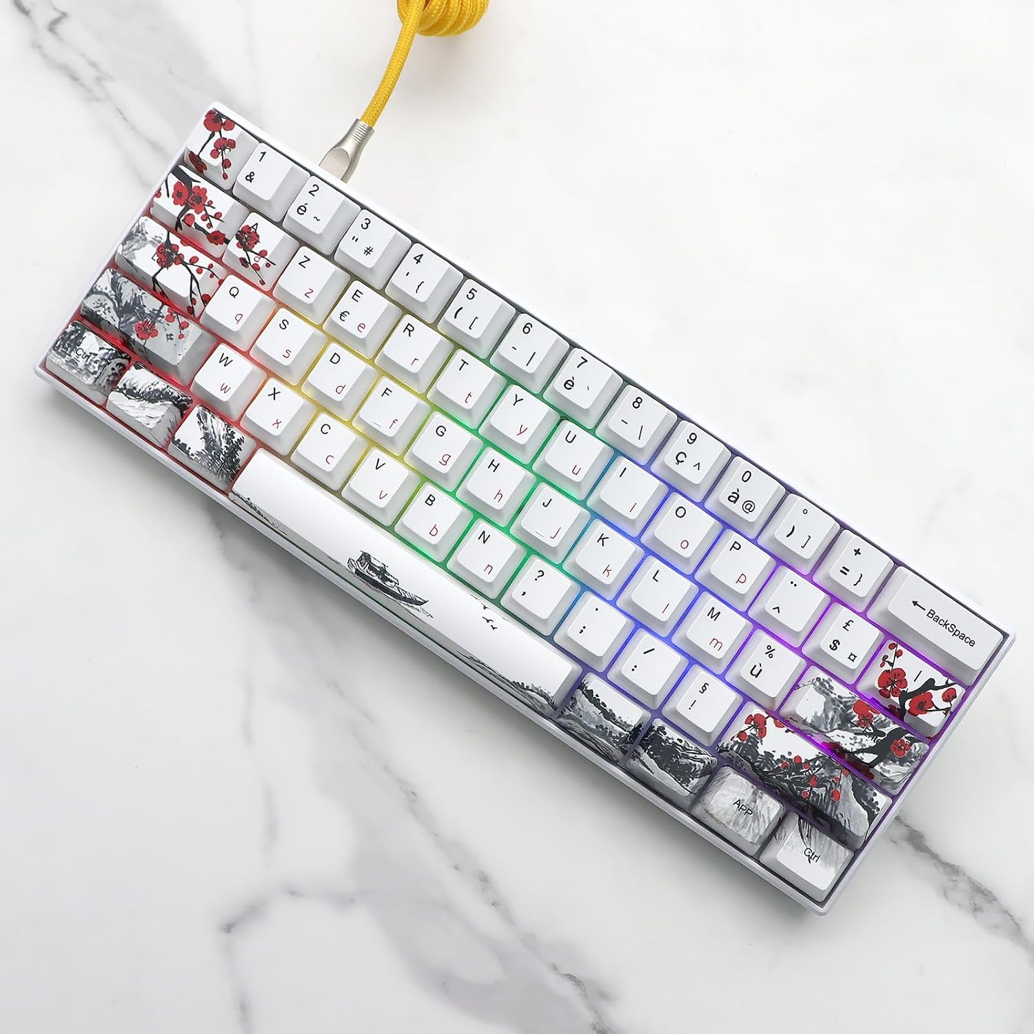 JSJT Plum Blossom Keycaps 128 Keys French Keycaps PBT OEM Profile Custom Keycaps for 61/68/87/96/104/108 Cherry MX Switches Mechanical Keyboard