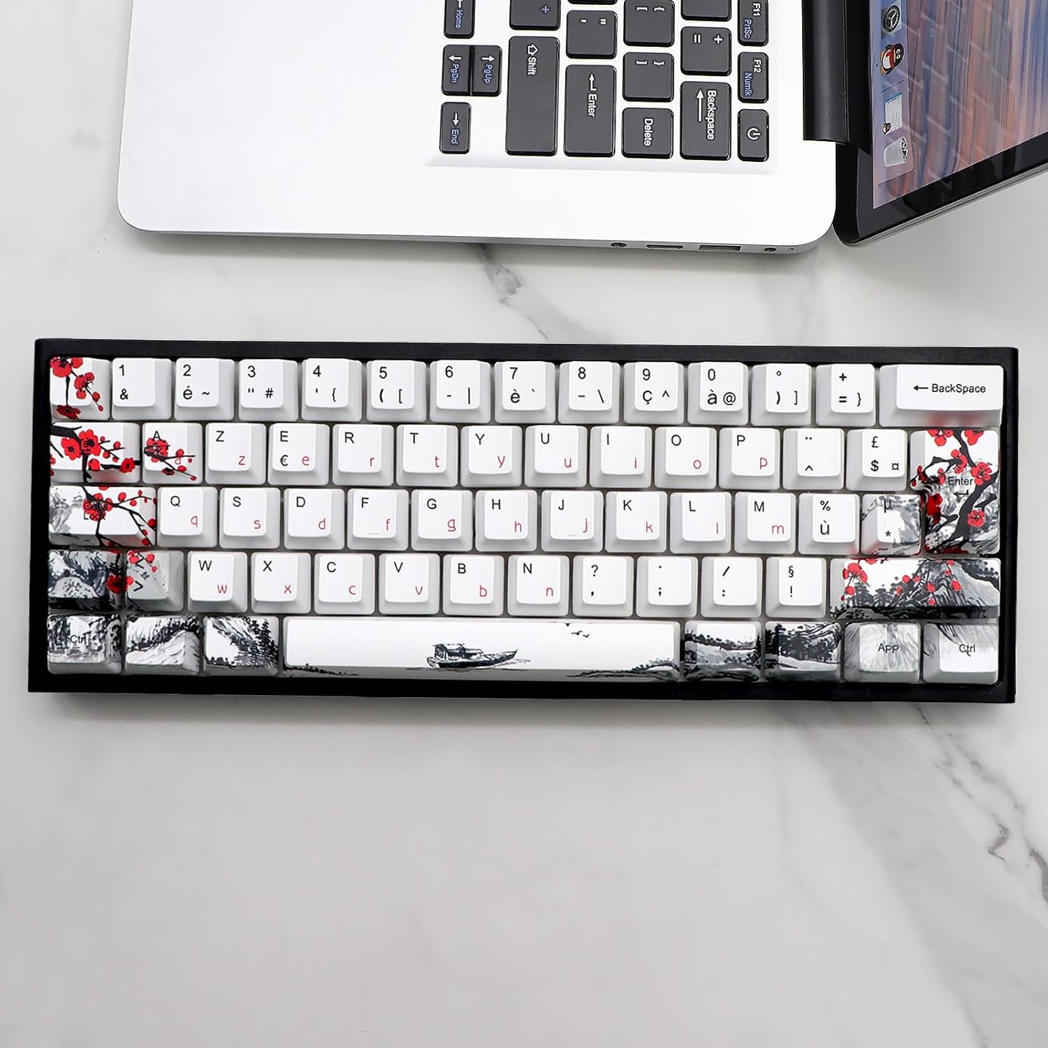 JSJT Plum Blossom Keycaps 128 Keys French Keycaps PBT OEM Profile Custom Keycaps for 61/68/87/96/104/108 Cherry MX Switches Mechanical Keyboard