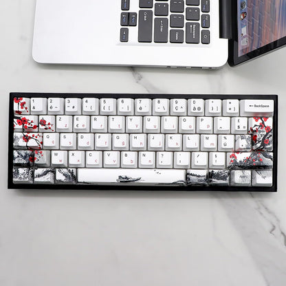 JSJT Plum Blossom Keycaps 128 Keys French Keycaps PBT OEM Profile Custom Keycaps for 61/68/87/96/104/108 Cherry MX Switches Mechanical Keyboard