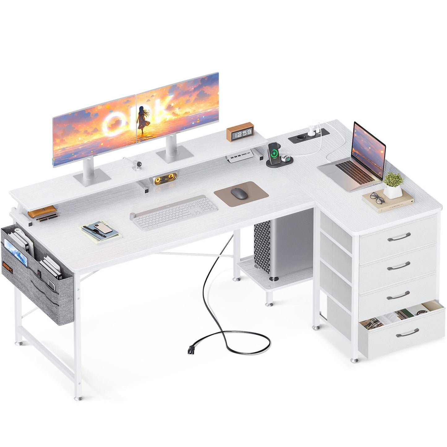 Birou in forma L 160x80 cm ODK, 4 sertare, USB si prize pentru organizare