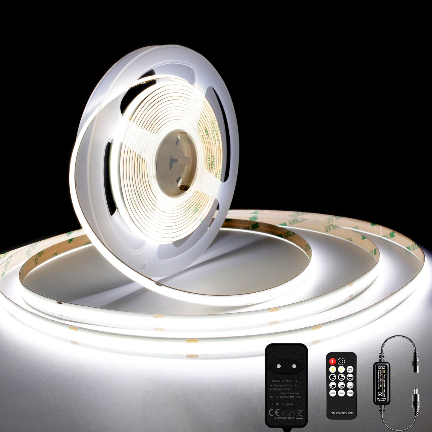 TTWAY COB LED Strip 2 m, 6000 K Daylight LED Strip with Power Supply and Remote Control, DC24 V, 480LEDs/M, CRI 90+, 8 mm Width, Dimmable LED Strips for Room Decoration