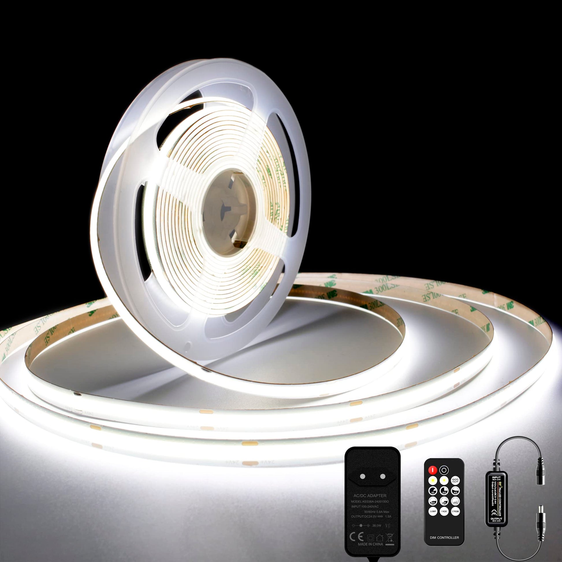 TTWAY COB LED Strip 2 m, 6000 K Daylight LED Strip with Power Supply and Remote Control, DC24 V, 480LEDs/M, CRI 90+, 8 mm Width, Dimmable LED Strips for Room Decoration