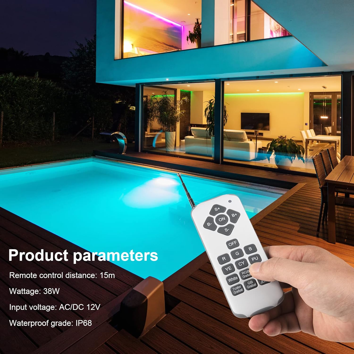 Kingwen LED Pool Lighting Underwater 38 W RGB Pool Headlight Underwater LED Pool Lamps with Remote Control IP68 Waterproof Pool Lamps Underwater 12 V AC/DC