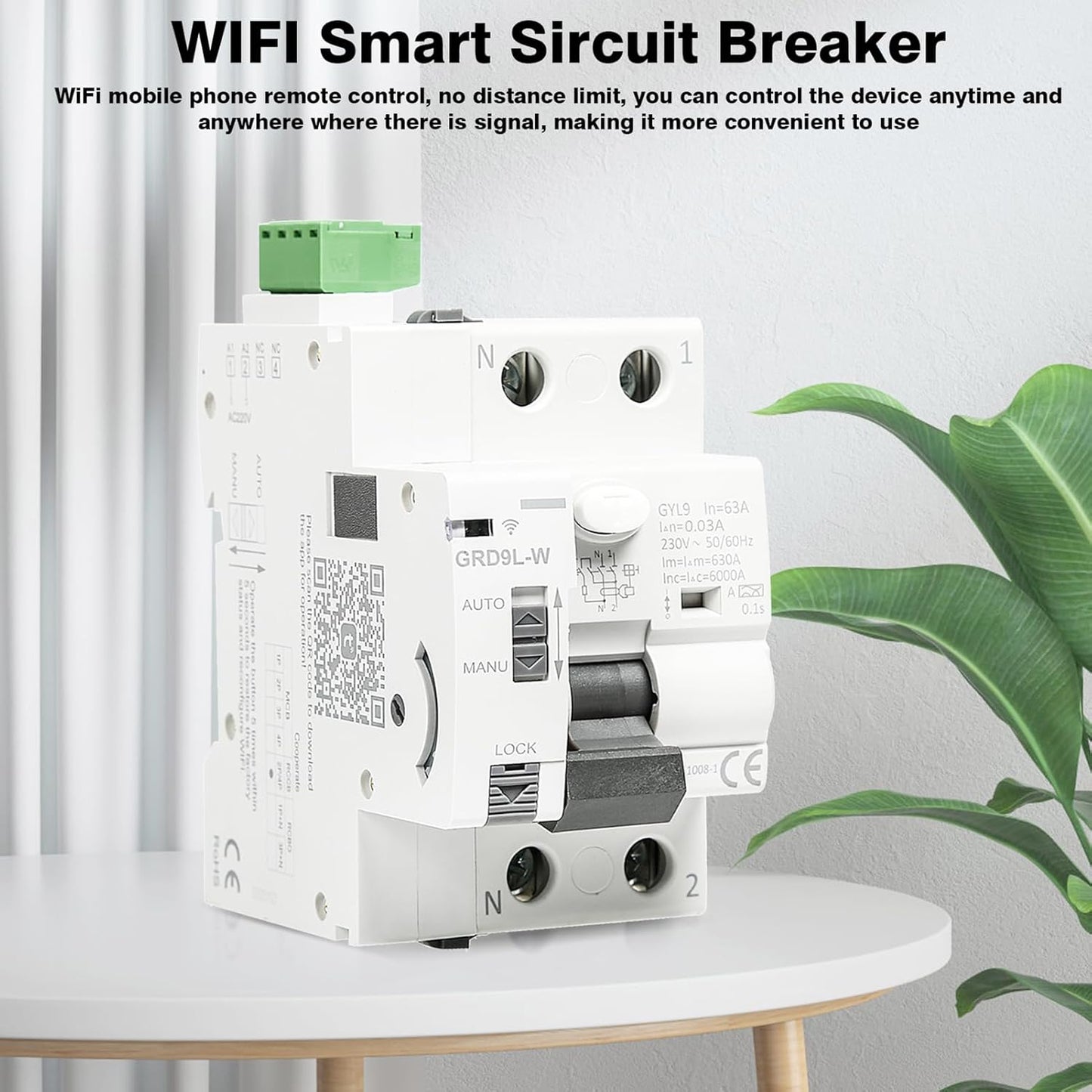DEWIN FI Circuit Breaker, GRD9L-W Smart WiFi Circuit Breaker Manual/APP Remote Control Smart Switch 2P 63A 30mA AC 230V