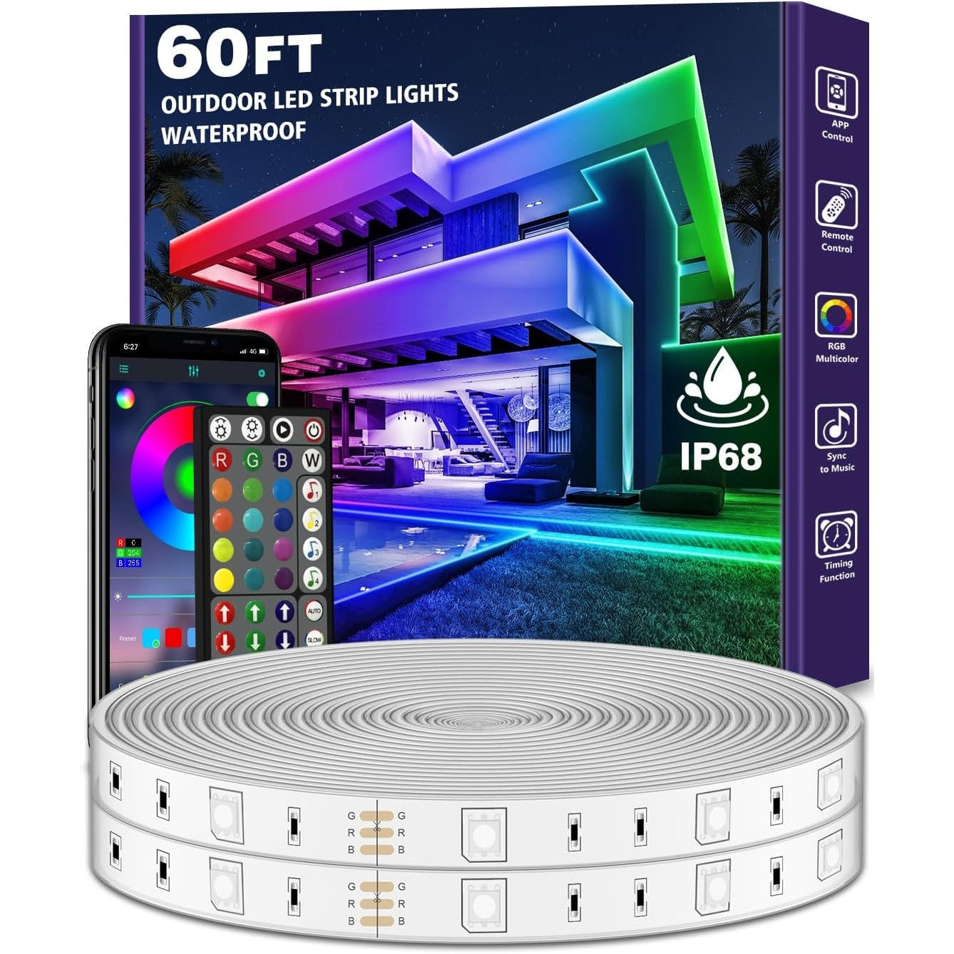 AILBTON 18M Outdoor LED Strip Light Waterproof ip68,Exterior RGB LED Tape Light with App/Remote Control for Music Sync,Balcony,Deck,Rooftop,Eave,Garden,Pool