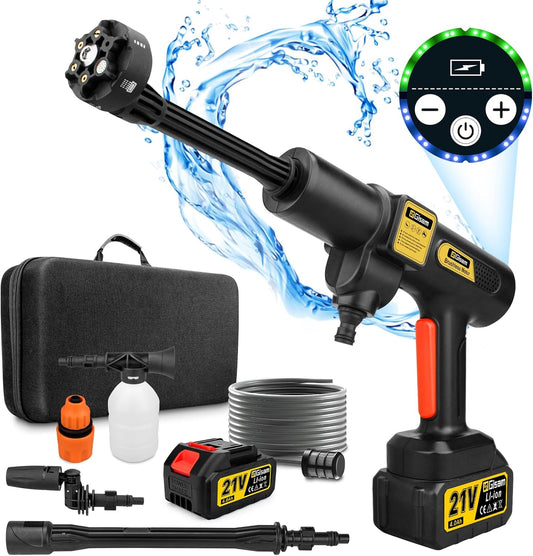 Gisam Cordless Pressure Washer, Max 65 Bar 943 PSI Jet Washers with 2 x 4000mA Batteries, Foam Sprayer, 6 in 1 Multi-function Nozzle & 180 Rotatable Nozzle for Cleaning and Irrigation (Gisam-01)