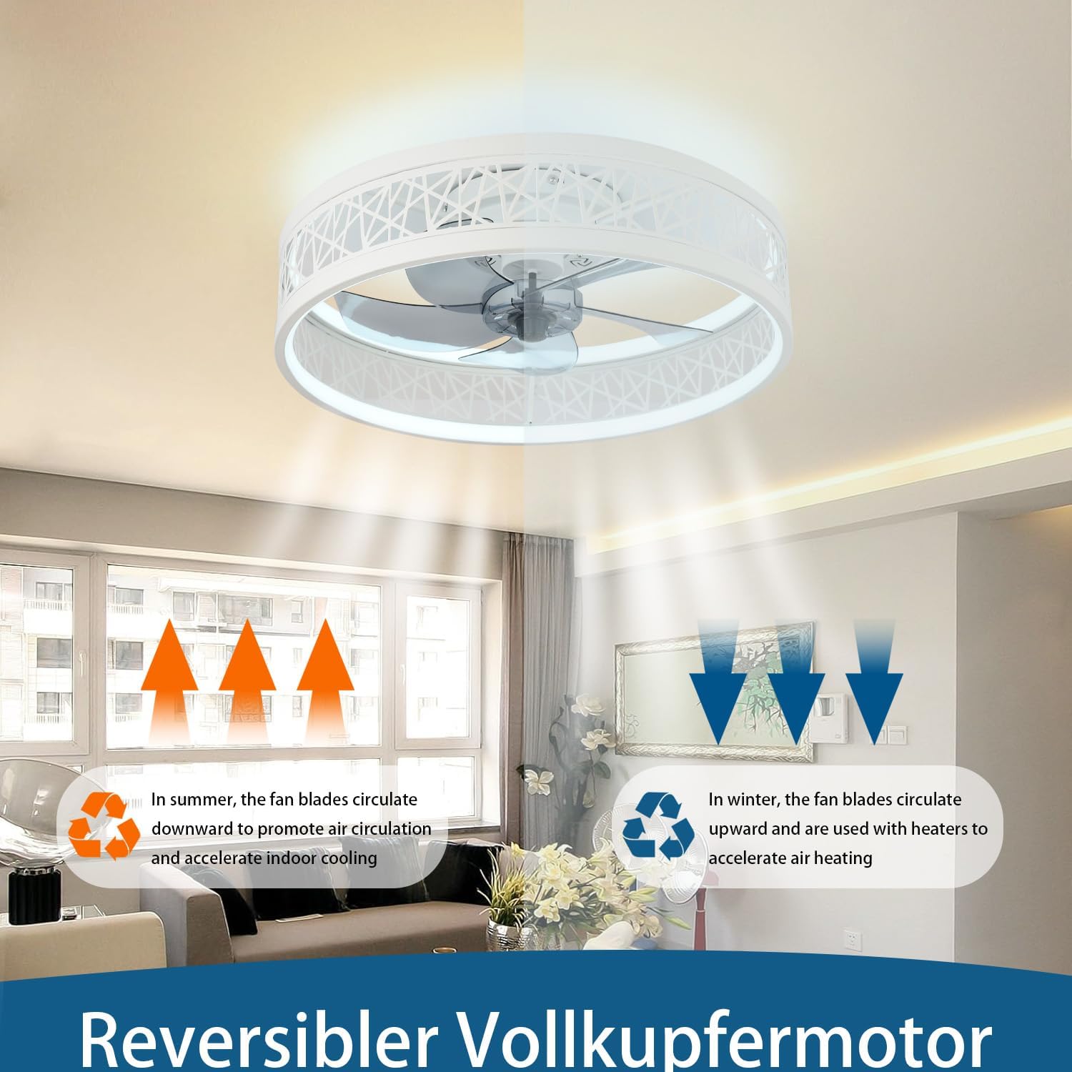 Ceiling Fan with Lighting LED 60 W Ceiling Light with Fan Modern Quiet Ceiling Light with Remote Control Dimmable 6 Speeds Lamp with Fan for Living Room Bedroom White