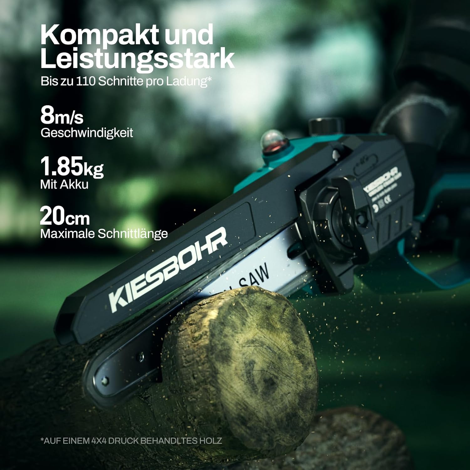 KIESBOHR Cordless Chainsaw, 8 Inch Mini Chainsaw with Chain Lubrication System (Lithium-Ion 21 V, Brushless Electric Motor, 2 Batteries 4000 mAh, 2 Chains) Battery Operated