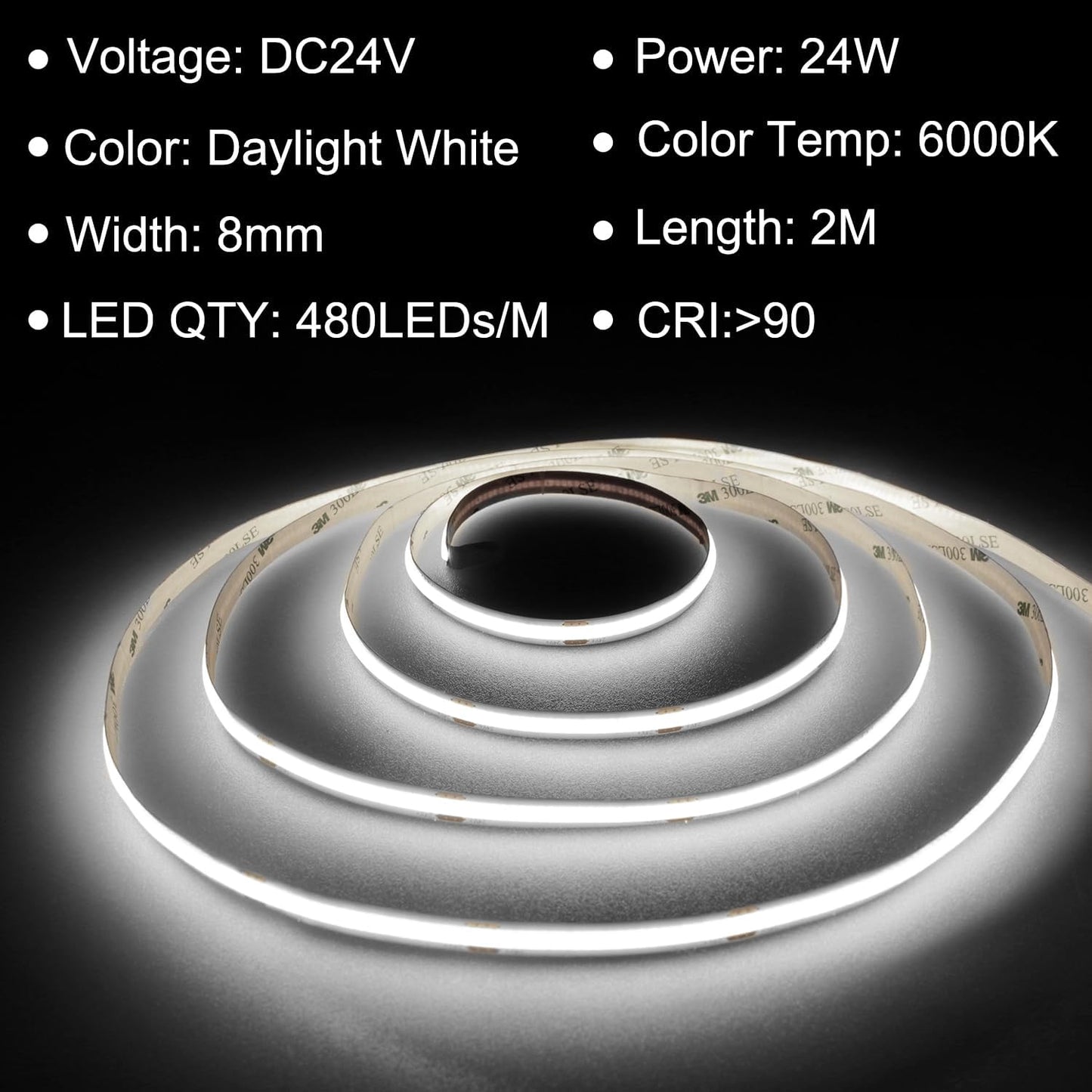 TTWAY COB LED Strip 2 m, 6000 K Daylight LED Strip with Power Supply and Remote Control, DC24 V, 480LEDs/M, CRI 90+, 8 mm Width, Dimmable LED Strips for Room Decoration