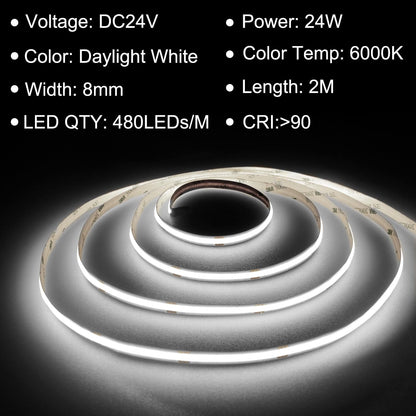 TTWAY COB LED Strip 2 m, 6000 K Daylight LED Strip with Power Supply and Remote Control, DC24 V, 480LEDs/M, CRI 90+, 8 mm Width, Dimmable LED Strips for Room Decoration