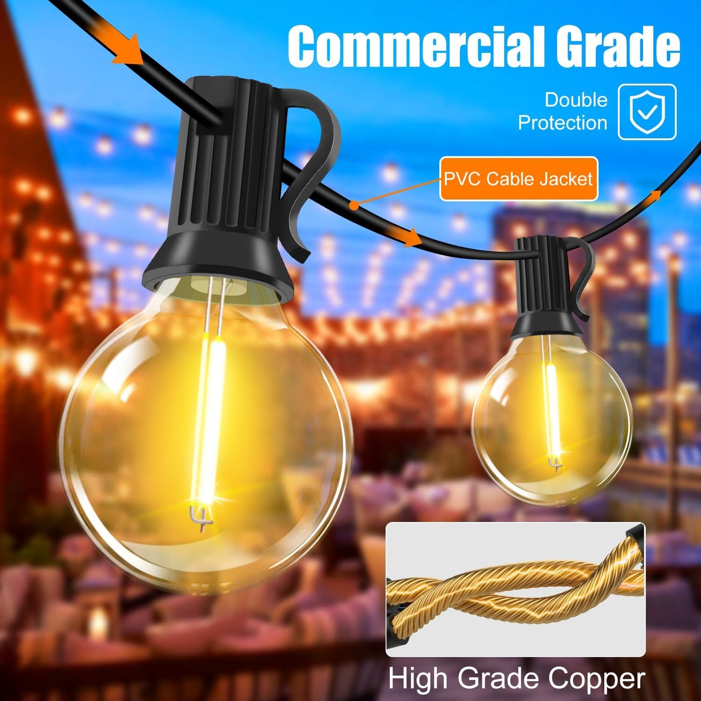 Outdoor Fairy Lights with Remote Control - 15 m LED Fairy Lights Dimmable G40 Bulbs, 4 Modes and Timmer Function, Waterproof for Outdoor Garden Balcony Patio Party Camping Wedding