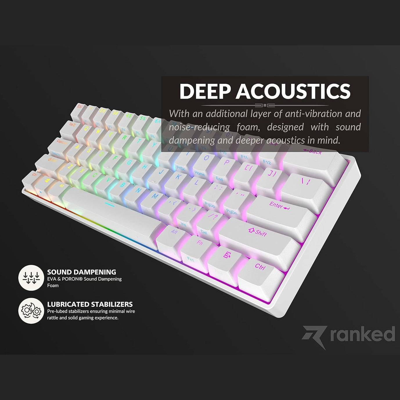 Ranked N60 Nova 60% Form Factor | Hot Swappable Mechanical Gaming Keyboard | 61 Keys Multi Color RGB LED Backlit for PC/Mac Gamer (White, Gateron Red)