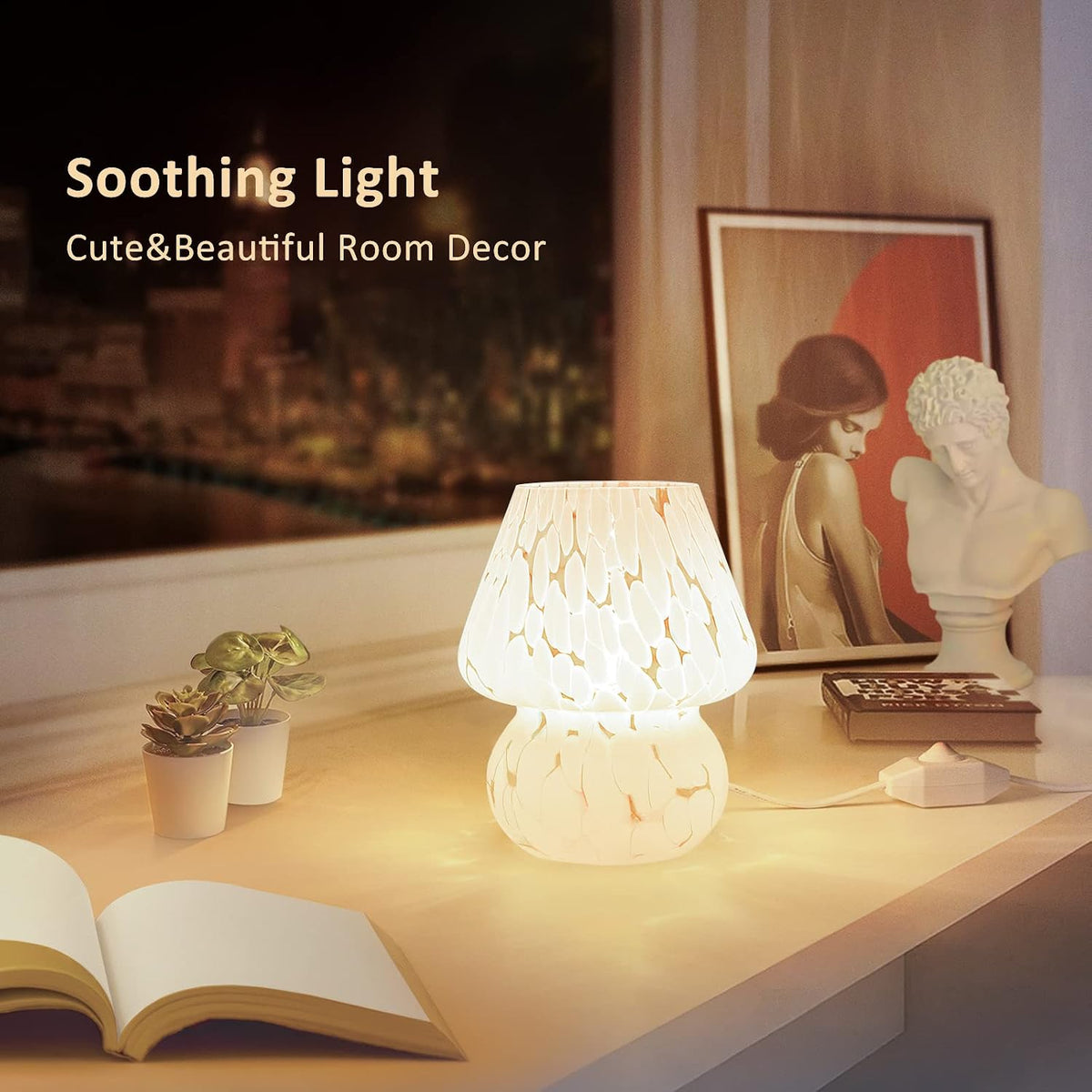Lampa decorativa ONEWISH in forma de ciuperca, din sticla translucida alba, cu luminozitate reglabila
