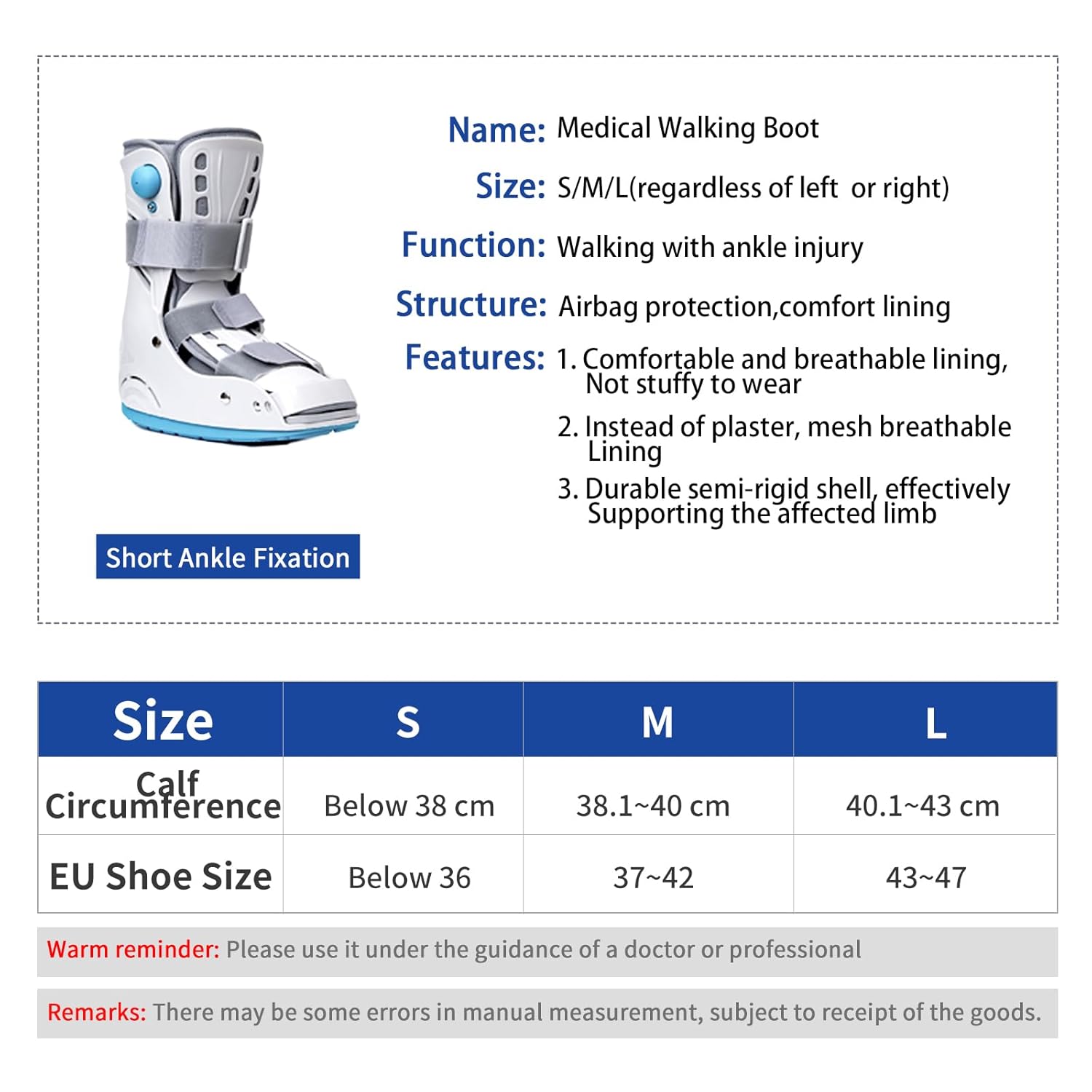 Medical Inflatable Walking Shoe Orthopedic Foot Fracture Shoe Ultralight Walking Shoe for Sprained Ankle, Stress Fracture, Broken Foot or Achilles Tendonitis (S)