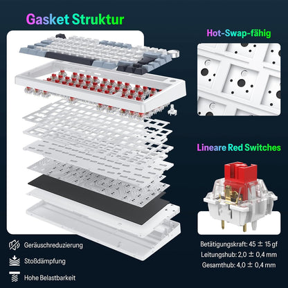 OMOTON Mechanical Keyboard Gaming Gasket QWERTZ ISO-DE Layout, Hot-Swap Wireless Gamer Keyboard 75% RGB with Five Layer Attenuation & Button, Bluetooth/2.4G/USB-C, Creamy Linear Switch, MK211