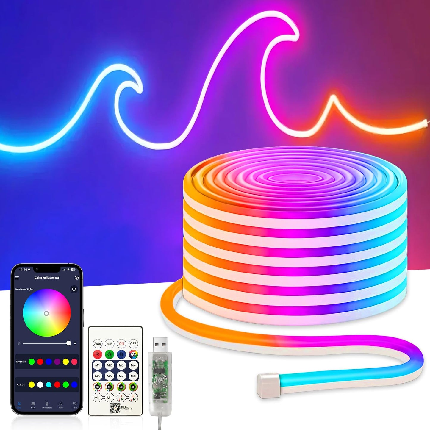 Banda LED Neon 10m RGBIC 5V - Smart Control App, waterproof, sync muzica