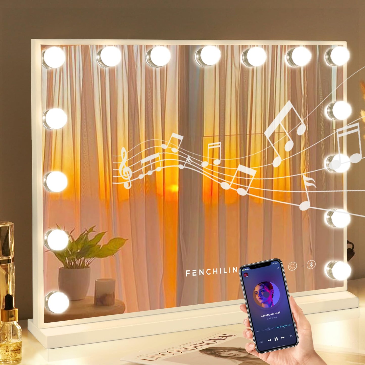 Oglinda cosmetica FENCHILIN Bluetooth 10x 18 LED USB 80x58 cm