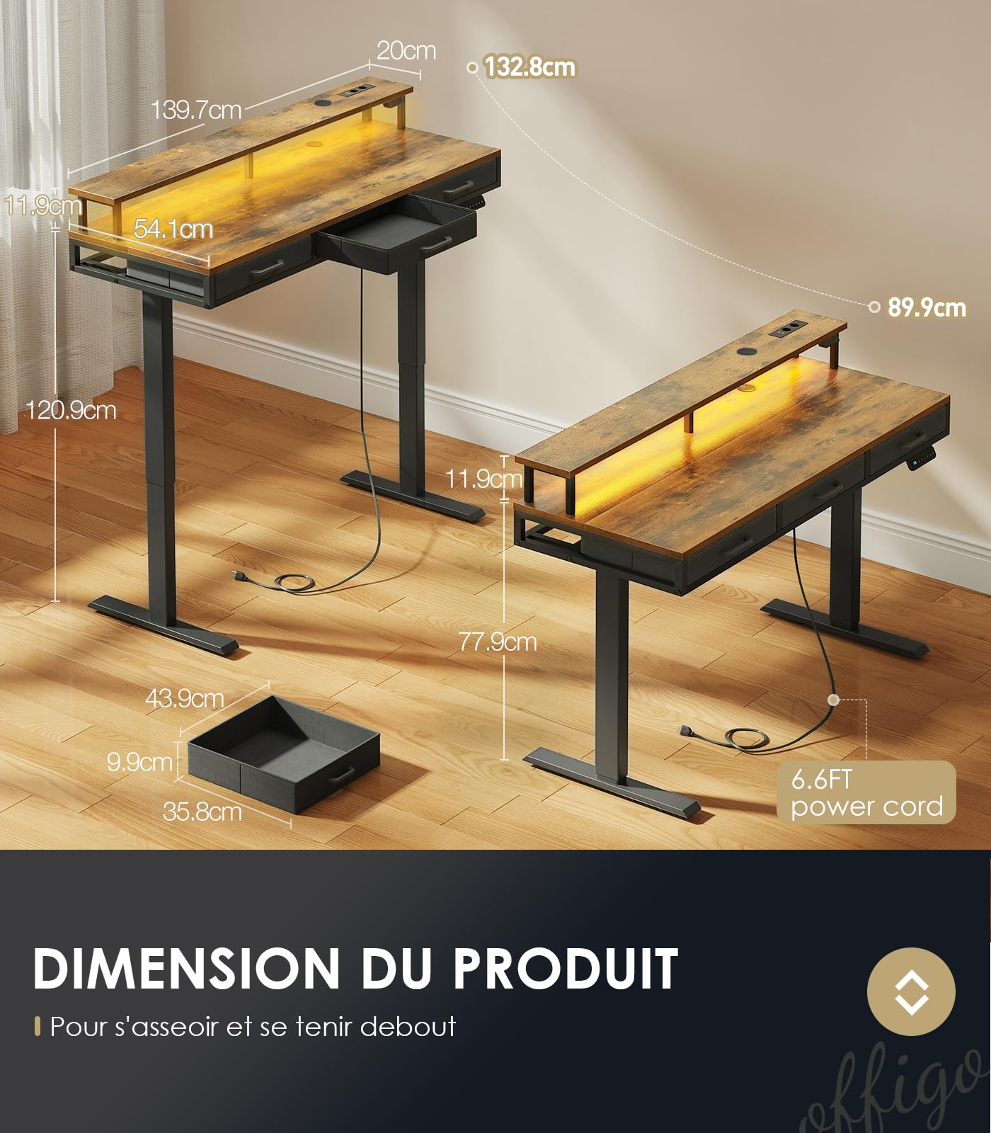 Birou electric OffiGo 140 cm cu 3 sertare, USB, LED