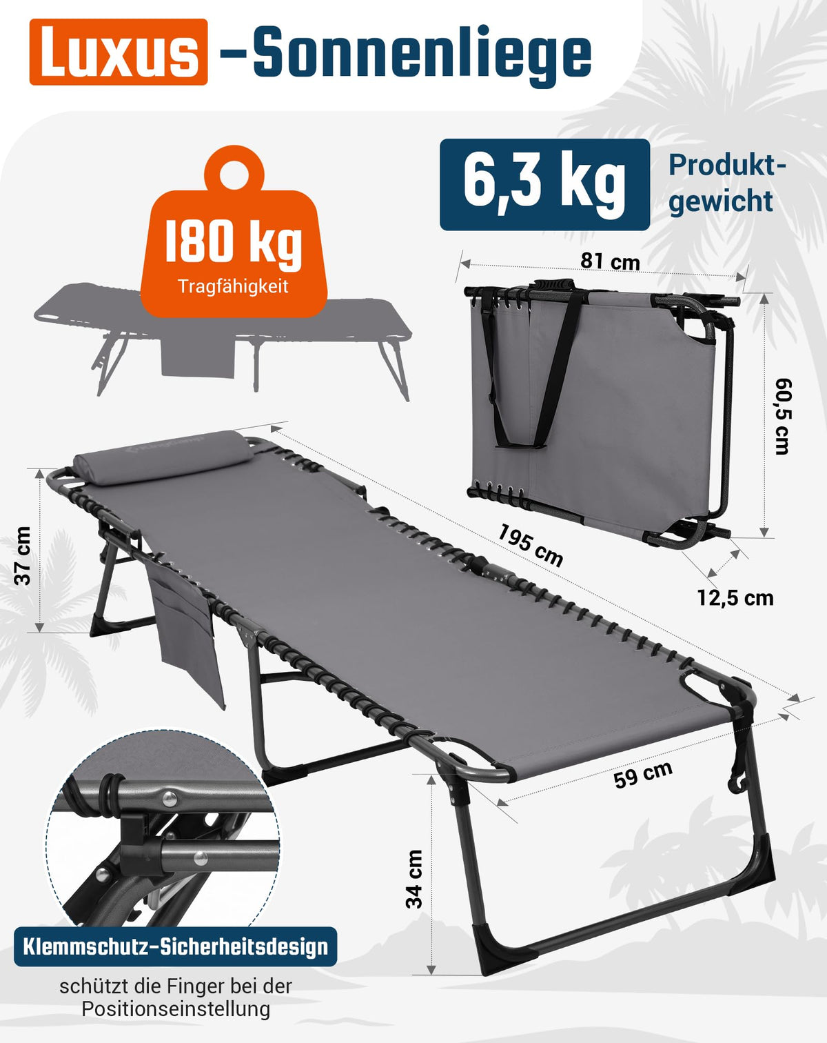 Set 2 Sezlong pliabil KingCamp KC2029 180 kg, spatar reglabil 5 pozitii