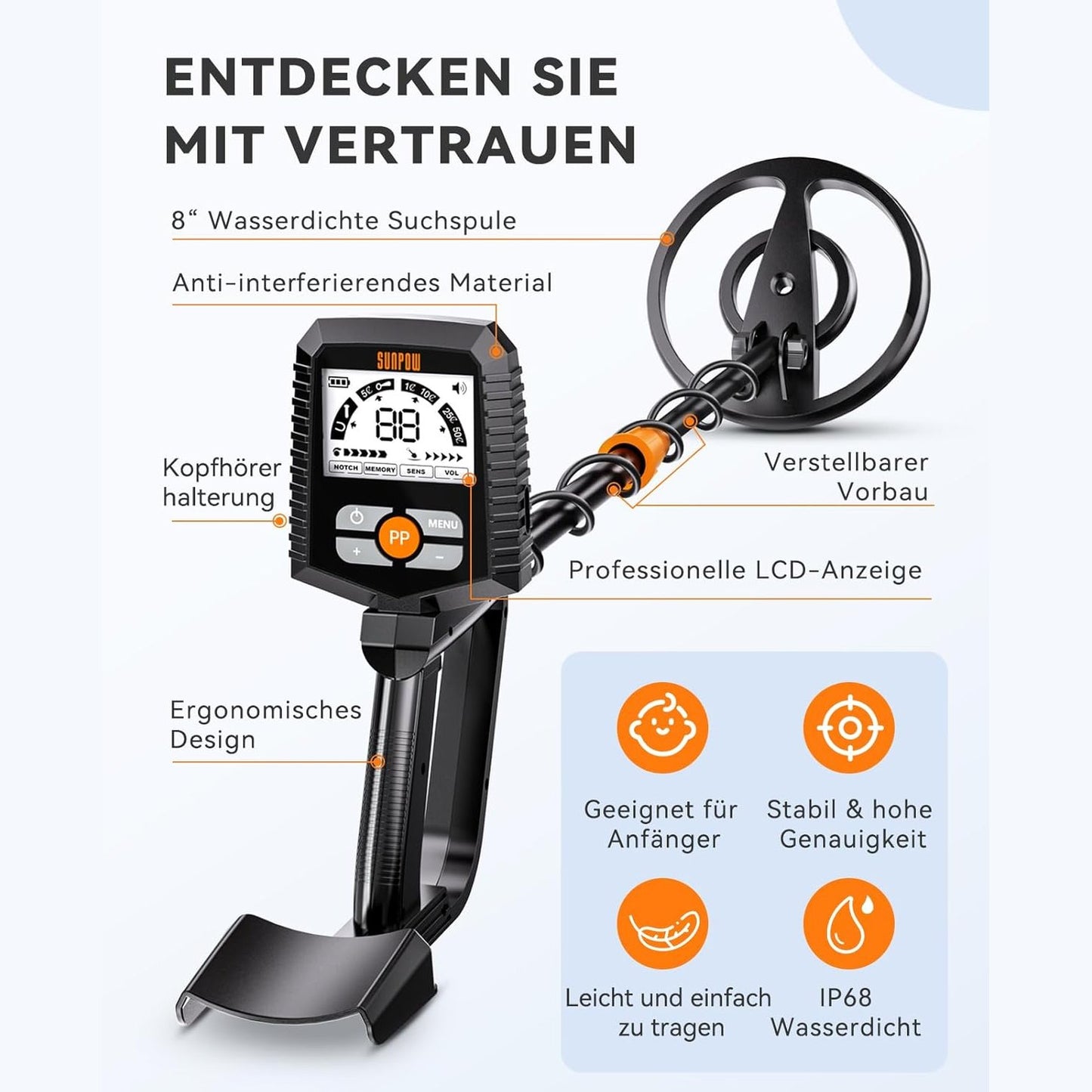 SUNPOW Metal Detector Professional Set, IP68 Waterproof Coil, Strong Anti-Interference, Improved Durable Chip, High Accuracy, 4 Modes for Adults and Children