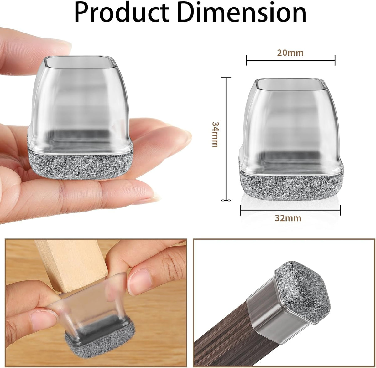 Capace RCHYFEED pentru picioare de scaun, patrate, din silicon transparent cu pasla, set 24, marimea Medium, 22-25 mm, gri transparent