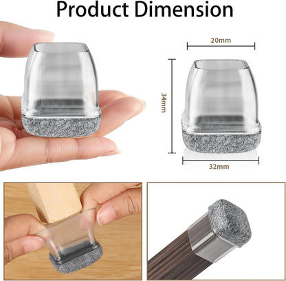 Capace RCHYFEED pentru picioare de scaun, patrate, din silicon transparent cu pasla, set 24, marimea Medium, 22-25 mm, gri transparent