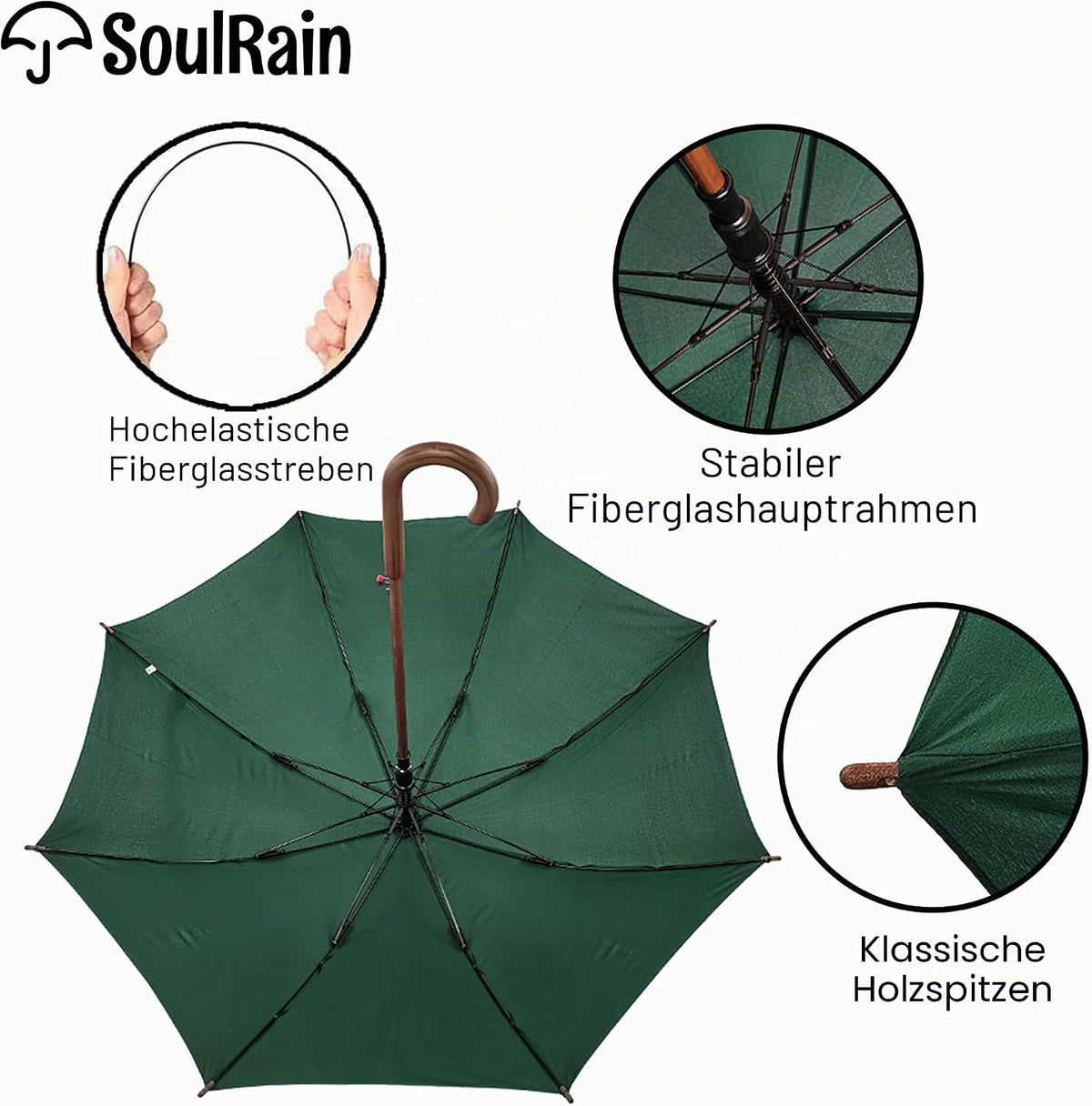 Umbrela clasica automata SoulRain cu maner J din lemn, transparenta, rezistenta la vant, 121,9 cm, verde inchis