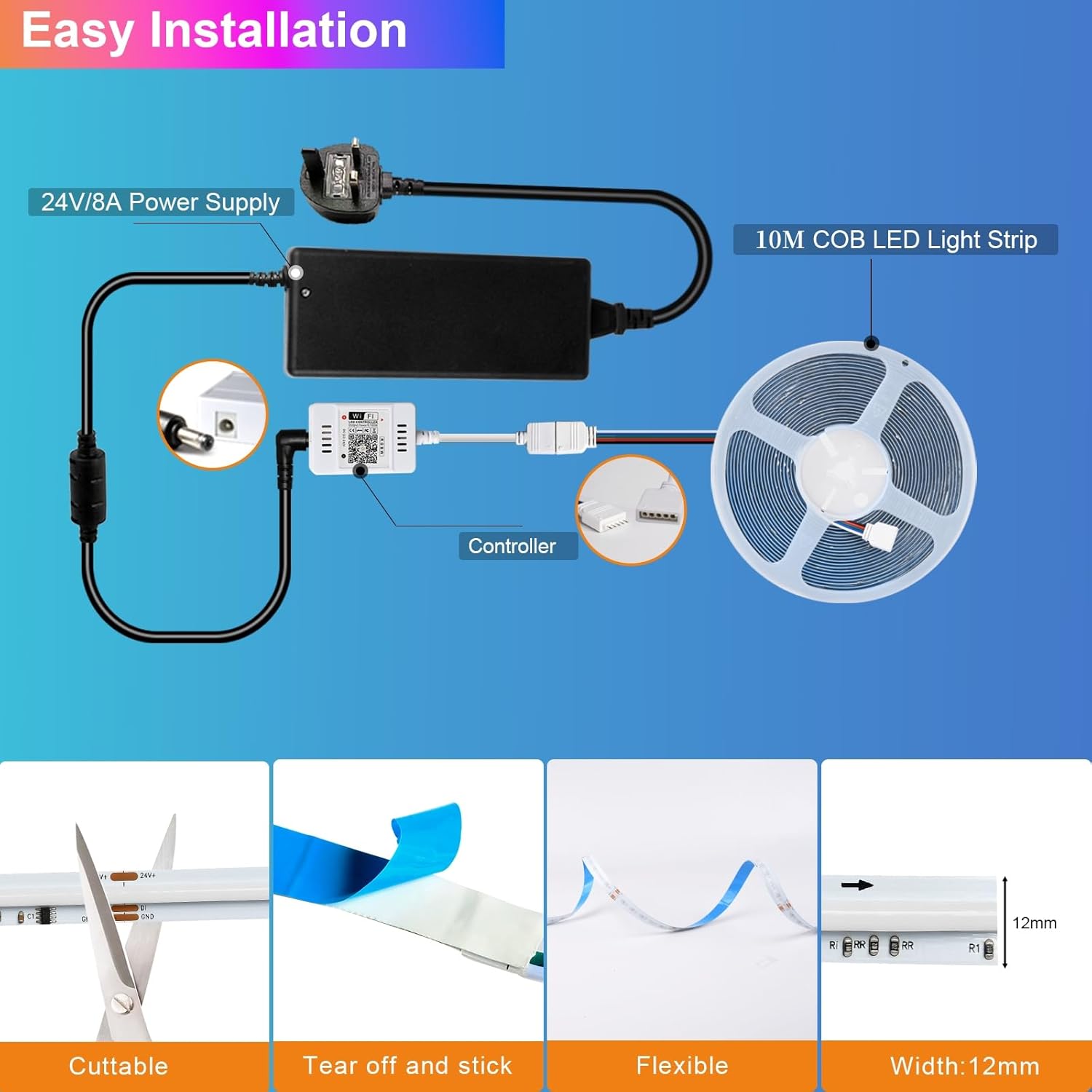 INDARUN RGBW Cob Led Strip Light 10m, 24V 8A 10m RGBW WiFi Led Strip Set with APP & Remote Control, 672LEDs/Meter Led Tape Light Kit for Home Decoration, Compatible with Alexa/Google Home
