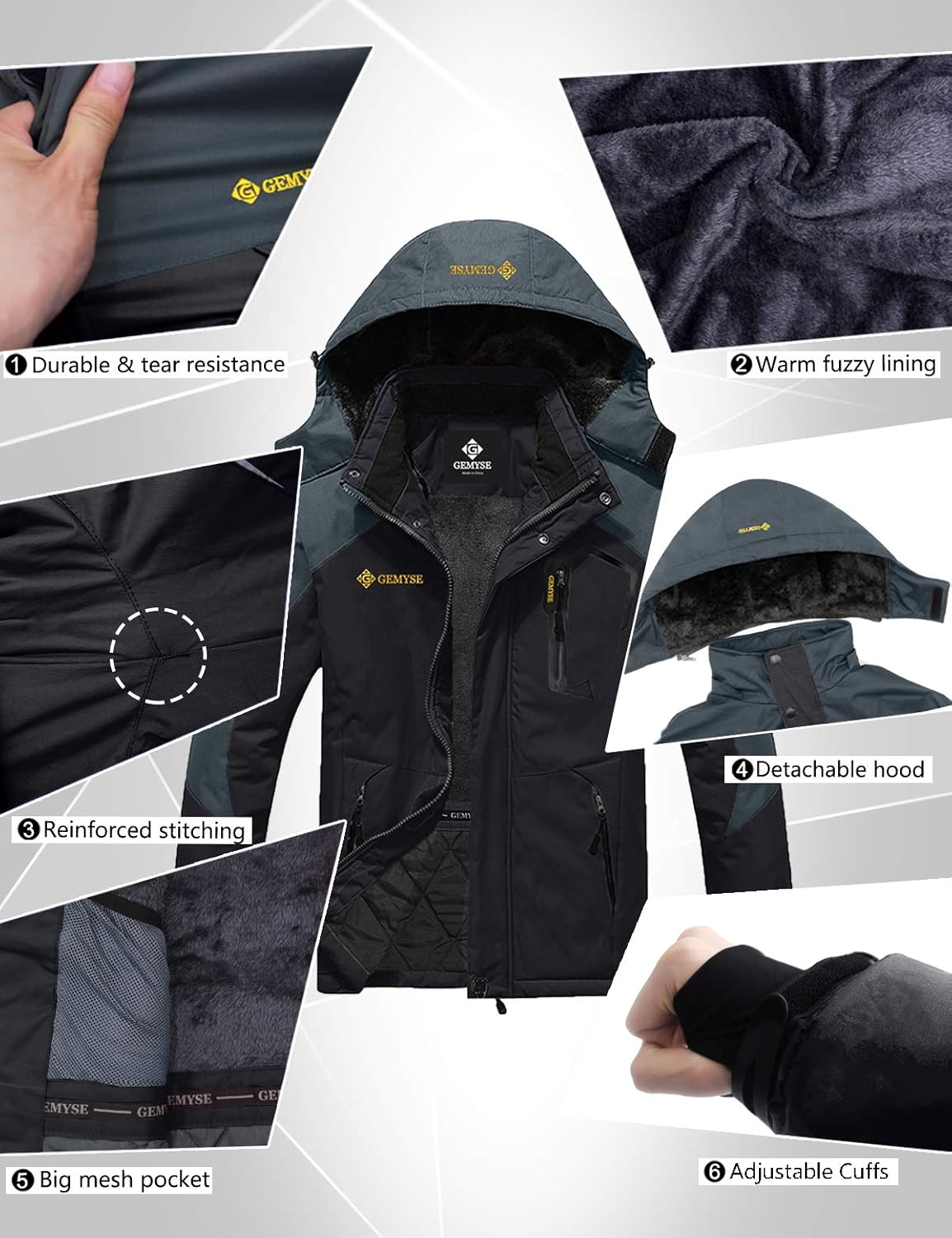 GEMYSE Men's Mountain Waterproof Ski Jacket Windproof Fleece Outdoor Winter Coat with Hood