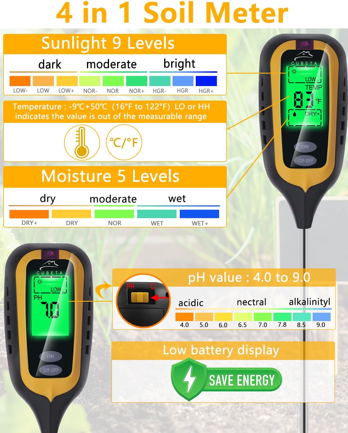 CUBETA Moisture Meter Plants Moisture Meter 4 in 1 Humidity/Temperature/pH/Light for Gardening, Lawn, Indoor Plants (Yellow)