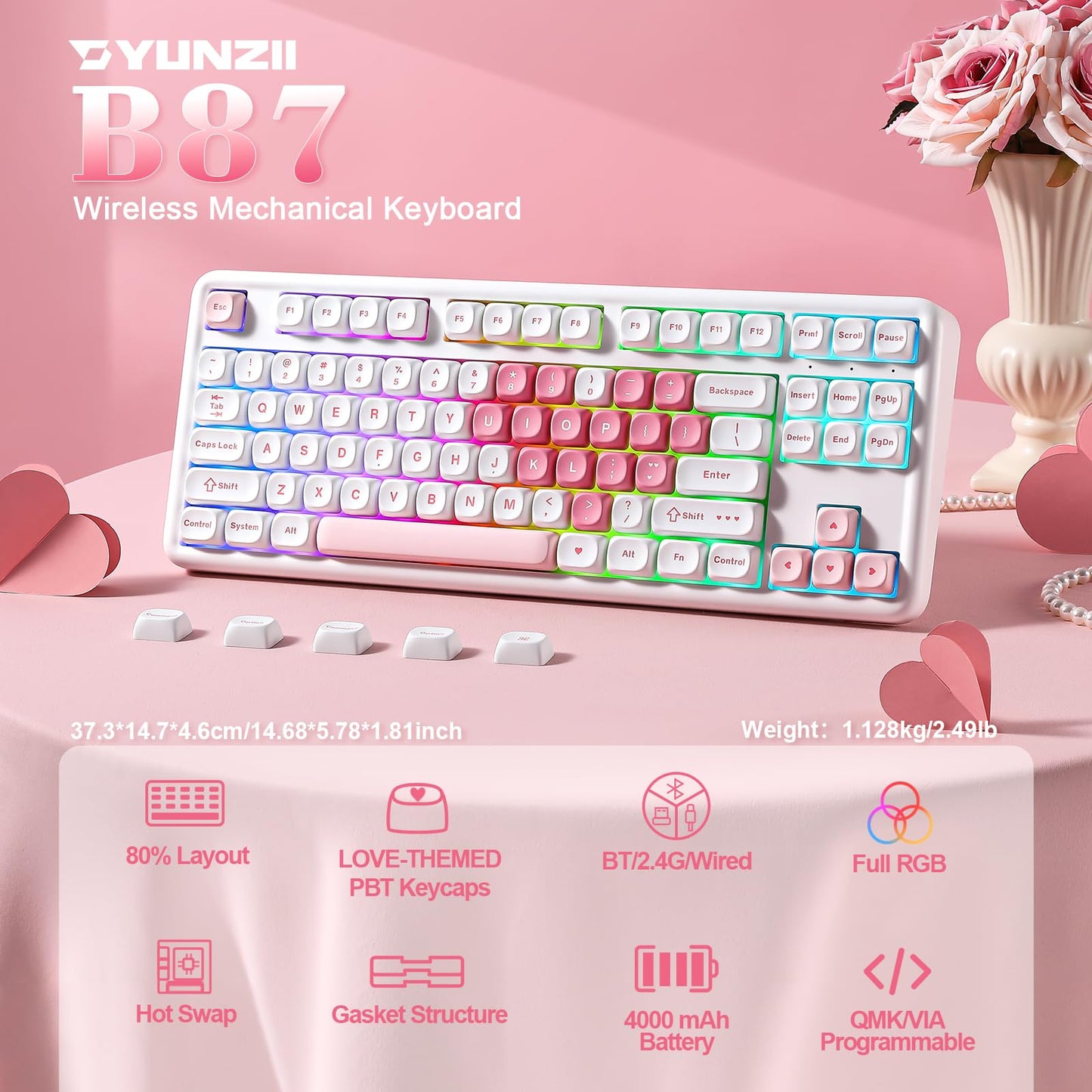 Tastatura mecanica YUNZII B87 Wireless 87 taste RGB hot-swap