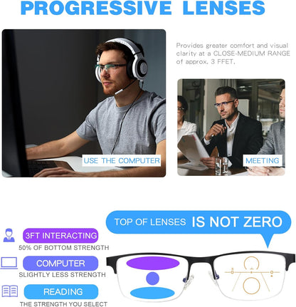 Missfive 2 Pack Mens Quality Progressive Multifocus Reading Glasses Blue Light Blocking, Man Spring Hinge No-Line Multifocal Readers Half Frame Metal Eyeglasses (Workspace For Near Range, 2.5x)