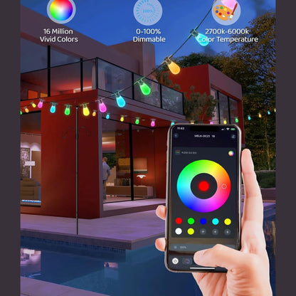 Gaoxun Outdoor String Lights, 15m RGBW Festoon Lights Outdoor with 15 Dimmable S14 LED Bulbs, APP Control, 33 Scene Modes, 234 Lighting Effects, IP65 Waterproof Smart Garden Lights for Backyard Party