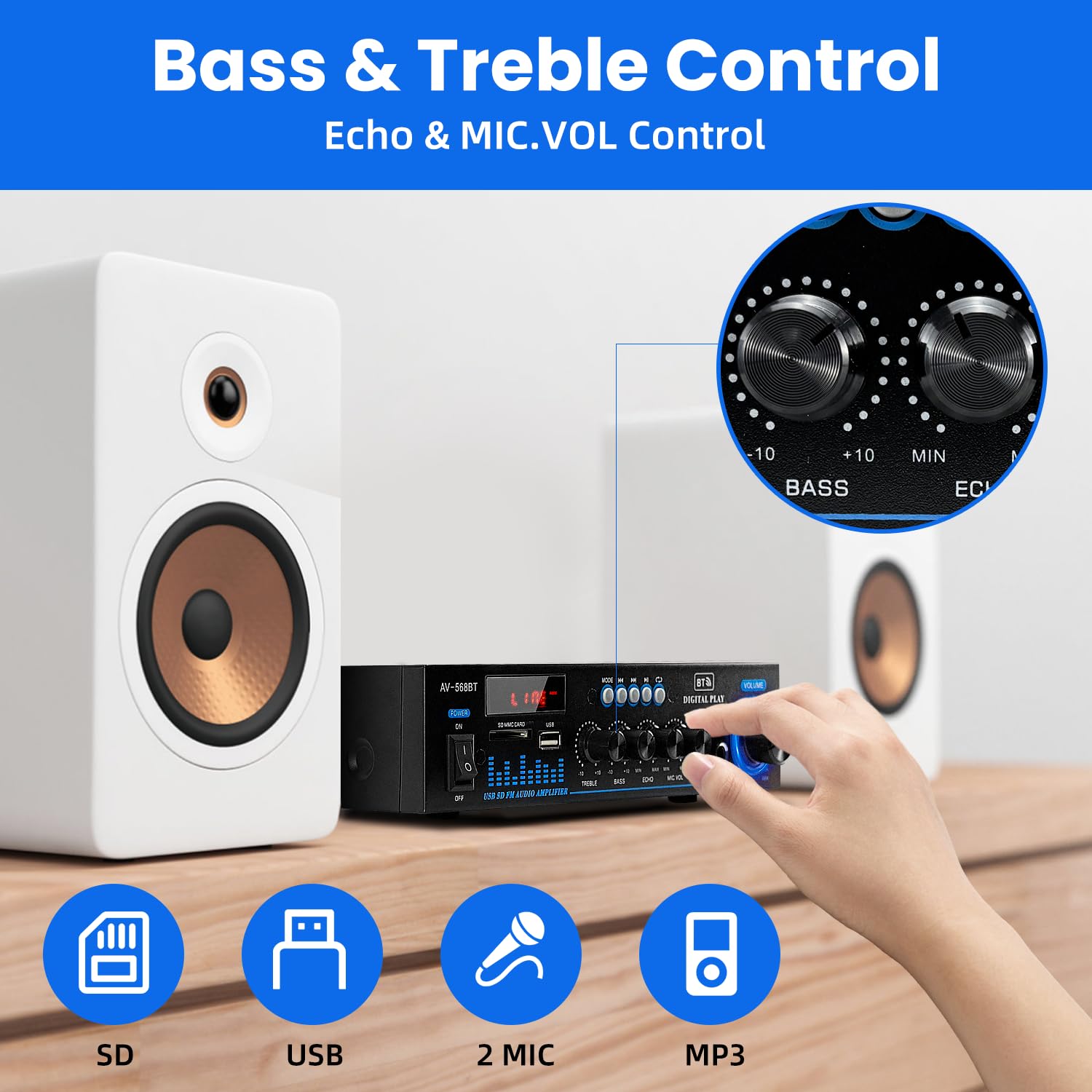 1000 W Mini Amplifier Hi-Fi Bluetooth 5.0 RMS 2 x 60 W Speaker 2 Channel Stereo Amplifier, Portable FM Radio, SD Card/USB Input/FM Radio, for Home Speakers or Your Car