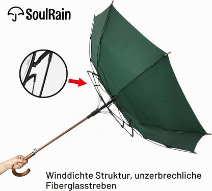 Umbrela clasica automata SoulRain cu maner J din lemn, transparenta, rezistenta la vant, 121,9 cm, verde inchis