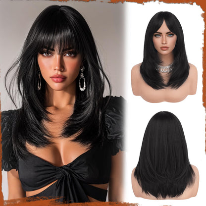 Peruca Sofeiyan Long Straight Wig 40 cm Negru Natural cu Breton