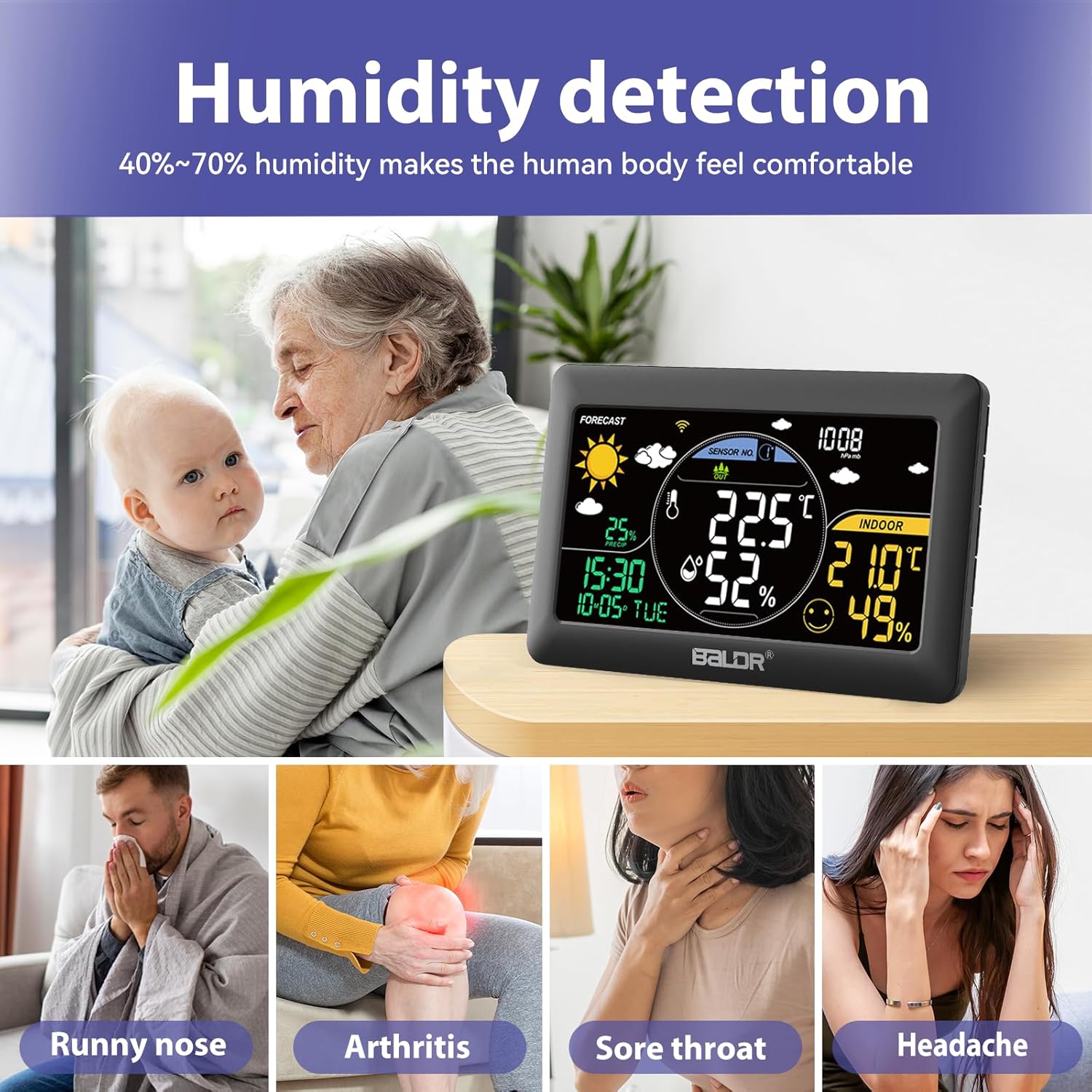 BALDR Wireless Weather Station with Outdoor Sensor, 2.4 GHz WiFi / App Control, 7.5 Inch VA Display, Weather Forecast in Real Time, Real Time Calibration Time, Digital Thermometer Hygrometer Indoor