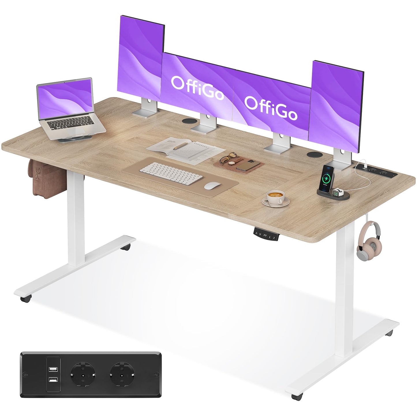 Birou OffiGo reglabil electric 180x70 cm cu USB si memorii
