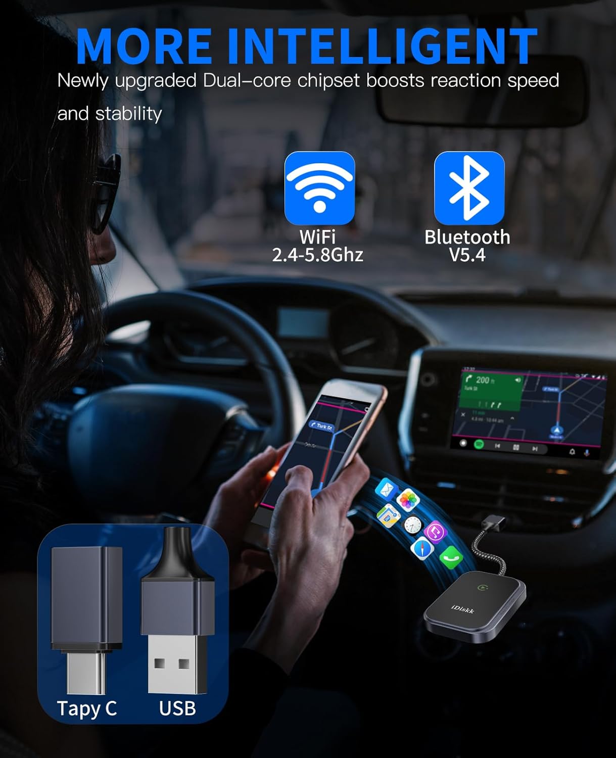 CarPlay Wireless Adapter for Apple iPhone 2024 Upgrade Converts Wired to Wireless Adapter for iPhone, Plug and Play CarPlay