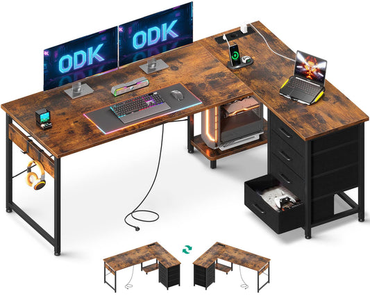 Birou ODK Corner Desk L Shape 4 sertare priza USB Vintage Brown