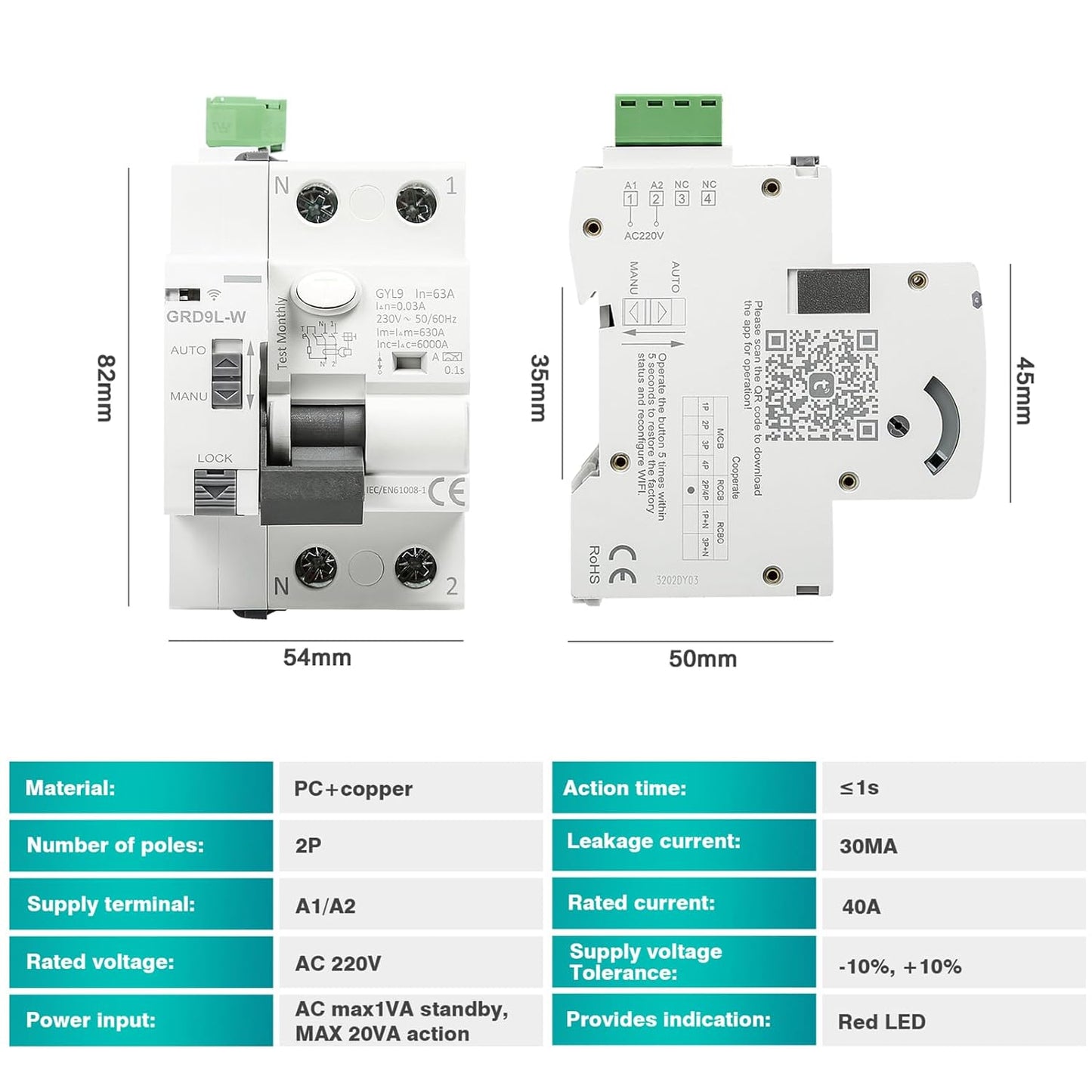 DEWIN FI Circuit Breaker, GRD9L-W Smart WiFi Circuit Breaker Manual/APP Remote Control Smart Switch 2P 63A 30mA AC 230V
