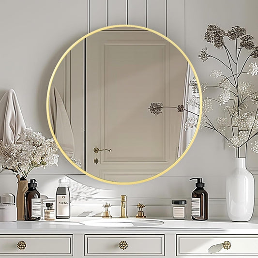 LunaMirror Round Wall Mirror 50x50 CM Circle Wall-Mounted Bathroom Vanity Mirror Stylish Black Aluminum Frame Home Decor Hanging for Bathroom Hallway Entrance Living Room Bedroom