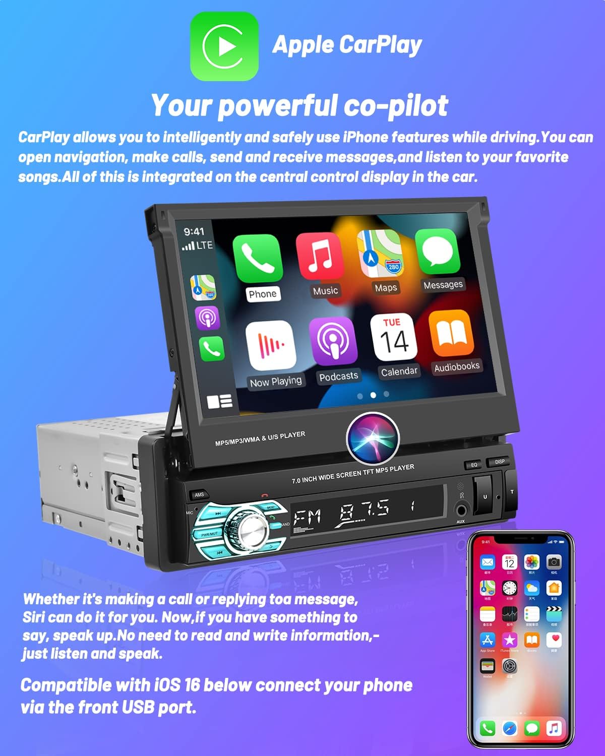 Hikity Apple Carplay Car Radio 1 DIN with Screen, 7 Inch Manual Touchscreen Car Radio Bluetooth with Android Car Mirror Link FM SWC USB AUX TF Car Radio Touch Display with Reversing Camera AHD