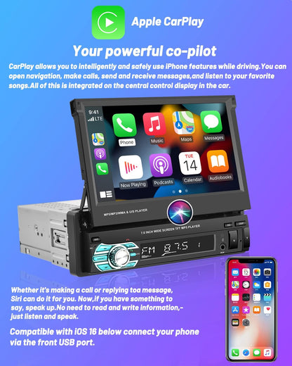 Hikity Apple Carplay Car Radio 1 DIN with Screen, 7 Inch Manual Touchscreen Car Radio Bluetooth with Android Car Mirror Link FM SWC USB AUX TF Car Radio Touch Display with Reversing Camera AHD