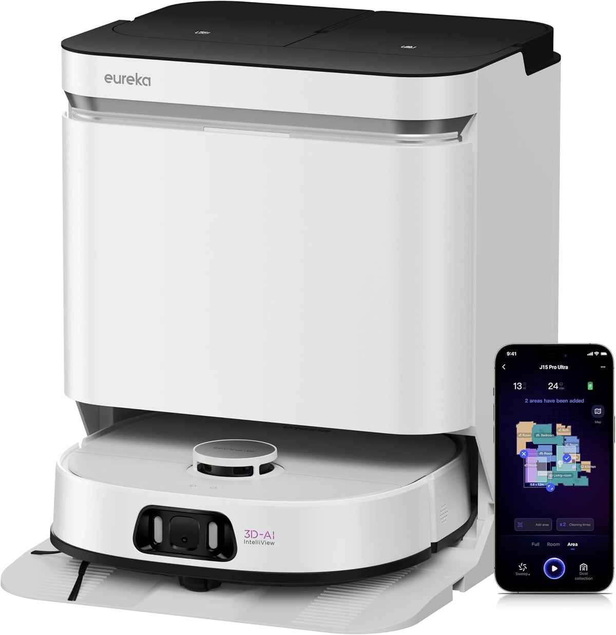 Aspirator robot EUREKA J15 Pro Ultra cu mop, statie all-in-one si aspirare 16200 Pa, alb