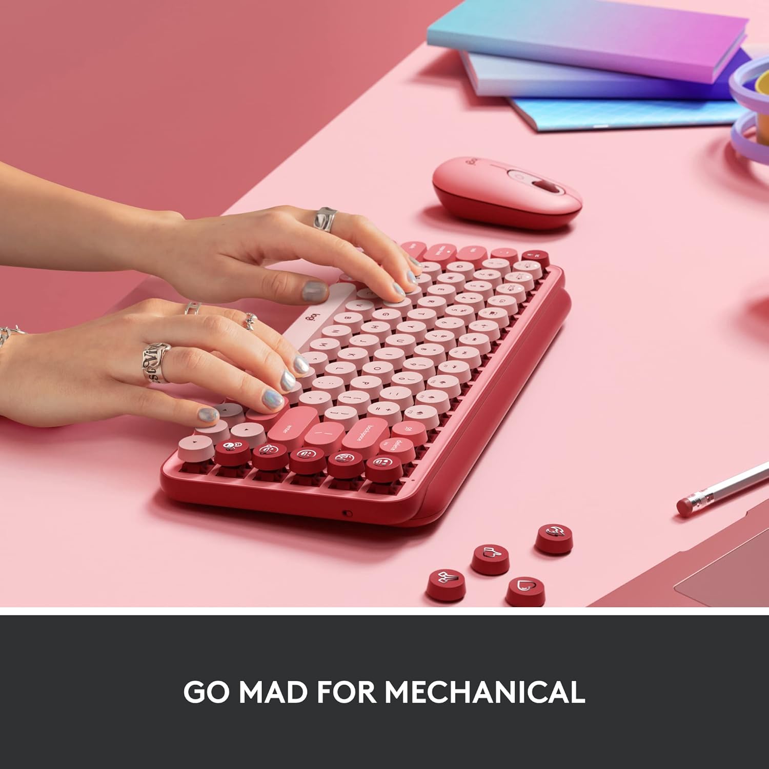 Logitech POP Keys Mechanical Wireless Keyboard with Customisable Emoji Keys, Durable Compact Design, Bluetooth or USB Connectivity, Multi-Device, OS Compatible - Heartbreaker