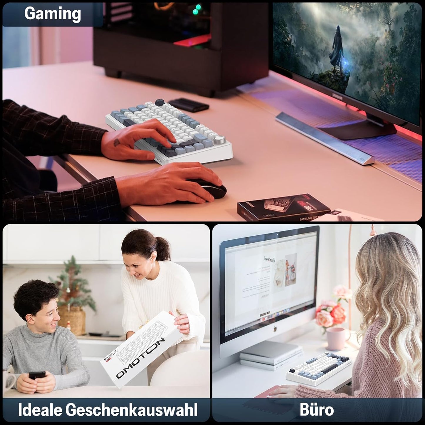 OMOTON Mechanical Keyboard Gaming Gasket QWERTZ ISO-DE Layout, Hot-Swap Wireless Gamer Keyboard 75% RGB with Five Layer Attenuation & Button, Bluetooth/2.4G/USB-C, Creamy Linear Switch, MK211