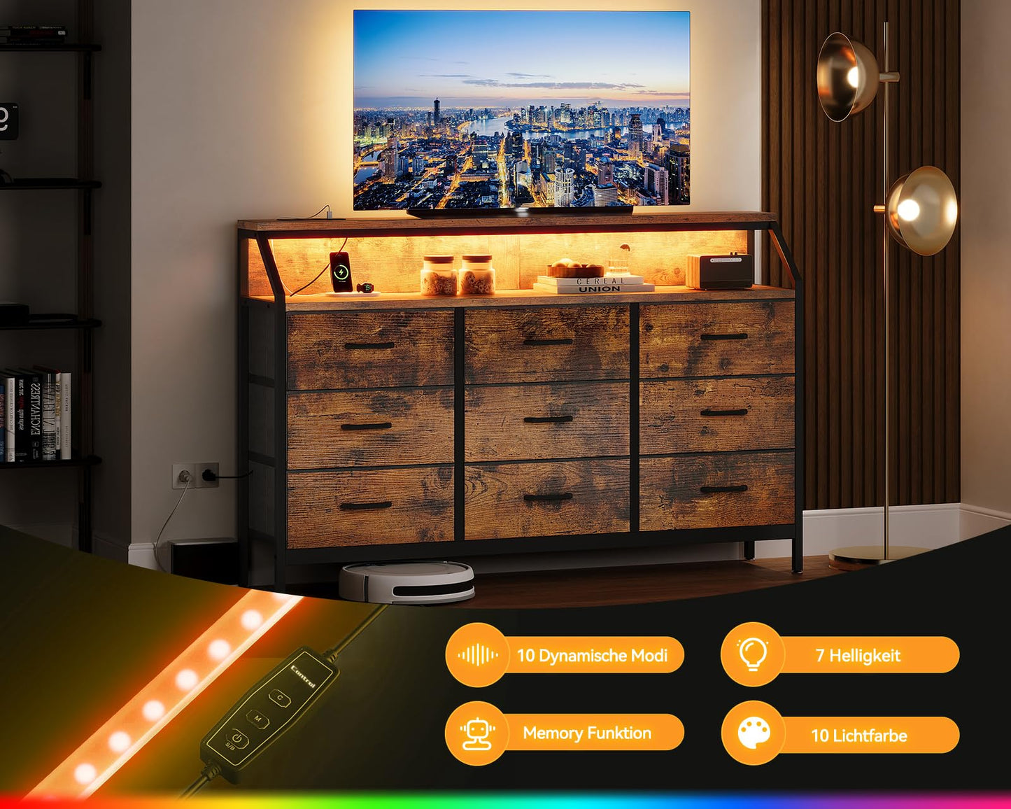 Comoda ODK cu 9 sertare, LED 10 culori, 2 prize si 2 USB